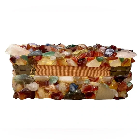 Colored Gemstones on Wooden Trinket Box with A Red Lined Interior Jewelry Box